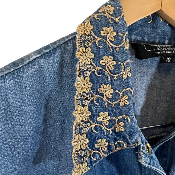 PG Collections Vintage Denim Button Down Dress 10 Metallic Embroidered Collar - Picture 6 of 10